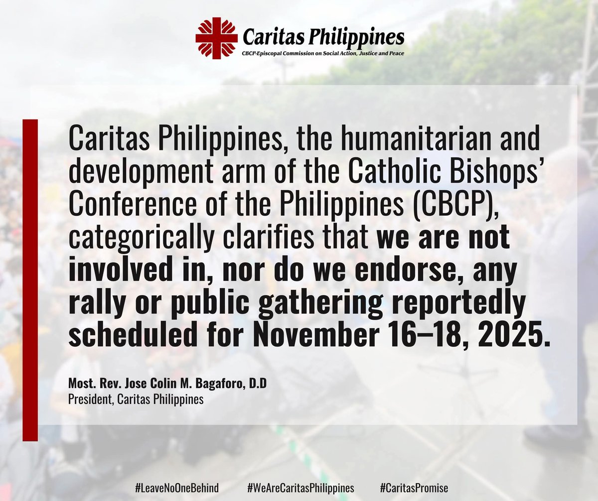 CATHOLIC CHURCH WILL NOT JOIN INC RALLY

Caritas Philippines clarified it is not involved in nor endorsing any rally or public gathering reportedly set for Nov. 16–18, 2025, according to its president, Bishop Bagaforo.

This comes as fake news is circulating via pro-Duterte
