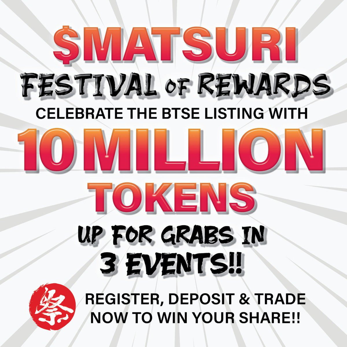 【📣 $MATSURI Listing Celebration! A 10 Million Token Airdrop Begins!】
To celebrate the $MATSURI listing on BTSE, three unmissable campaigns are starting!
👇️👇️👇️

✅Campaign Period
Nov 14, 00:00 – Nov 26, 23:59 UTC
(Nov 14, 09:00 – Nov 27, 08:59 JST)

1️⃣ For New Users (1M