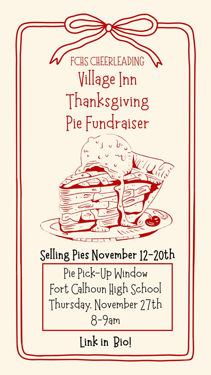 cheer_calhoun's tweet photo. PIE FUNDRAISER IS BACK 🥧!! We are so excited to bring this back again this year! FC CHEER will be selling VILLAGE INN PIES now until Novemeber 20th. All you need to do is click the link 🔗https://t.co/xtGwbMUnmB and tap the pies you would like! https://t.co/86PsnCsY9U