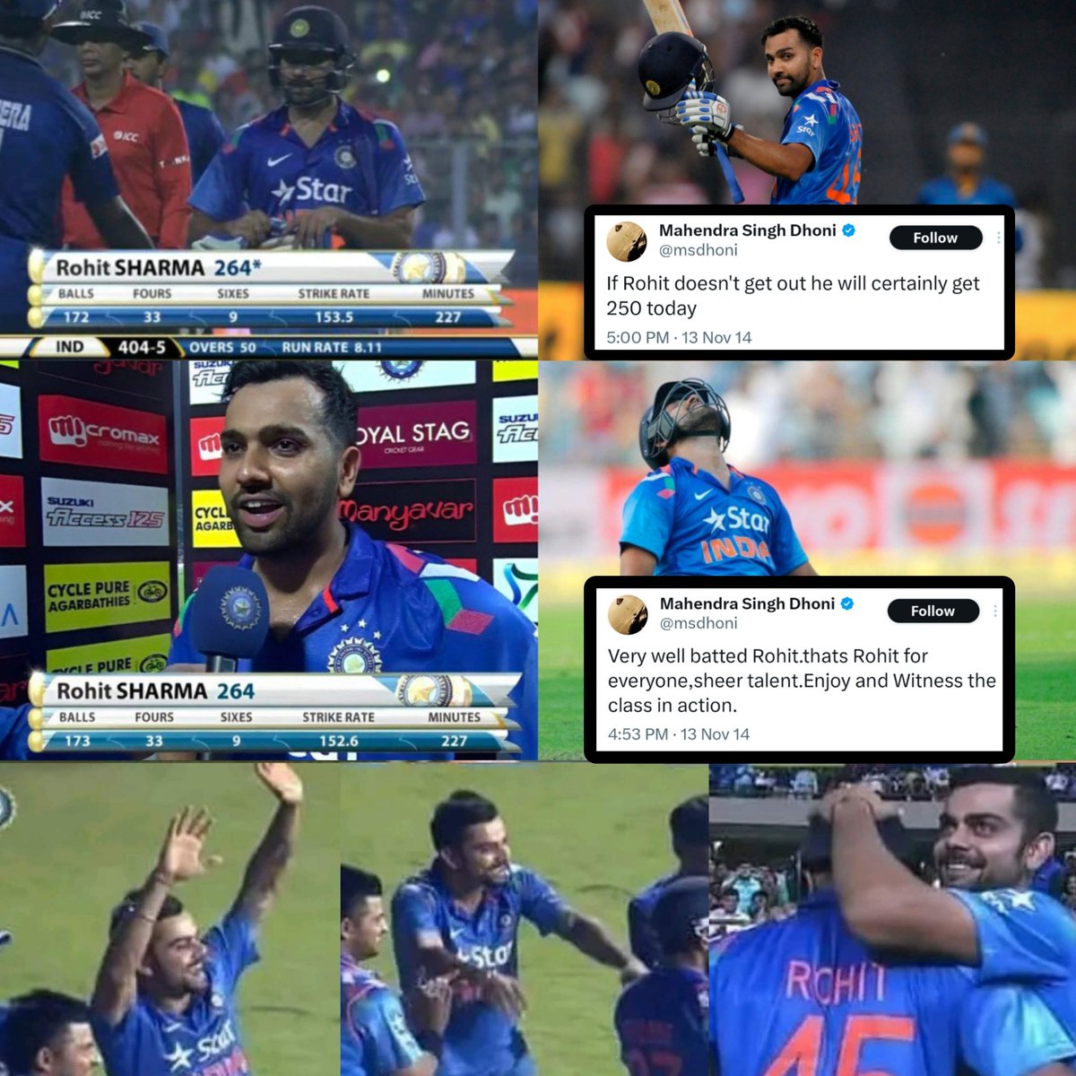 Shebas_10dulkar's tweet photo. #OnThisDay in 2014

𝗥𝗼𝗵𝗶𝘁 𝗦𝗵𝗮𝗿𝗺𝗮 Scored 264* vs SL
(This is Highest Individual Score in ODI)

Highest Individual Score in ODI

264 - 𝗥𝗼𝗵𝗶𝘁 𝗦𝗵𝗮𝗿𝗺𝗮 (v SL)
237* - Martin Guptill (v WI)
219 - Virender Sehwag (v WI)
215 - Chris Gayle (v ZIM)
210* - Fakhar Zaman (v ZIM)
210* - P Nissanka (v AFG)
210 - Ishan Kishan (v BAN)
209 - Rohit Sharma (v AUS)
208* - Rohit Sharma (v SL)
208 - Shubman Gill (v NZ)
201* - Glenn Maxwell (v AFG)
200* - Sachin Tendulkar (v SA)

In ODI Format
  50+ Scores - 12654
100+ Scores - 2199
150+ Scores - 168
200+ Scores - 12
250+ Scores - 1 (𝗥𝗼𝗵𝗶𝘁 𝗦𝗵𝗮𝗿𝗺𝗮)

1 to 10 Overs - 12 runs (48 SR)
11 to 20 Overs - 29 runs (78 SR)
21 to 30 Overs - 52 runs (158 SR)
31 to 40 Overs - 61 runs (179 SR)
41 to 50 Overs - 110 runs (250 SR) 🔥