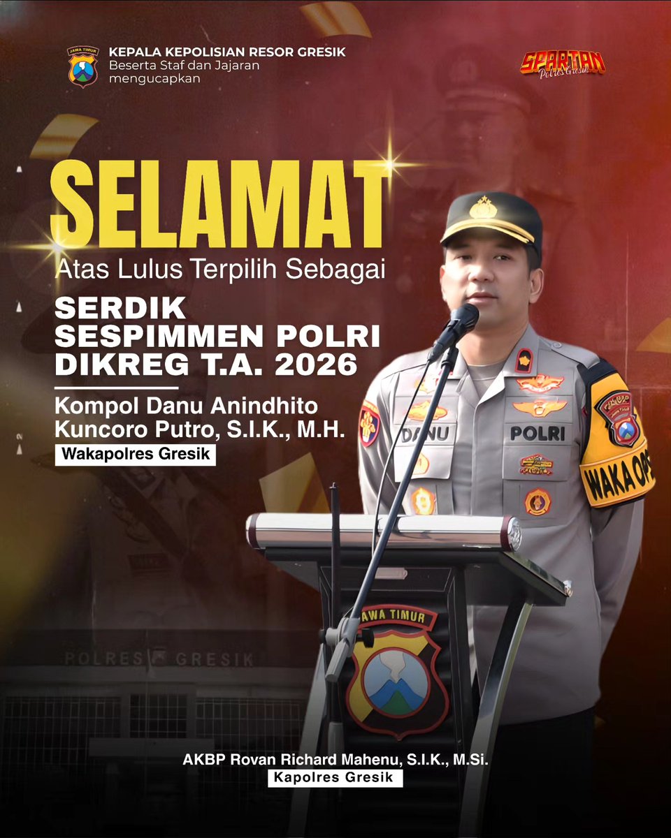 HumasGresik's tweet image. Kapolres Gresik, AKBP Rovan Richard Mahenu, S.I.K., M.Si., beserta seluruh staf dan jajaran, mengucapkan selamat kepada Kompol Danu Anindhito Kuncoro Putro, S.I.K., M.H., Wakapolres Gresik, 
#PolresGresik #SESPIMMEN #PengabdianTerbaik #PolriJaya