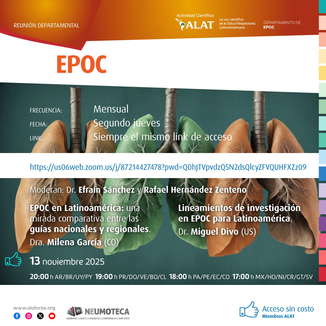 #ALAT En el marco del Mes de la #EPOC: Perspectivas de la investigación de la EPOC en Latinoamérica 
Jueves 13 noviembre, 20:00 h AR/BR/UY/PY • 19:00 h PR/DO/VE/BO/CL • 18:00 h PA/PE/EC/CO • 17:00 h MX/HO/NI/CR/GT/SV Link de acceso a la reunión enviado a los miembros por email