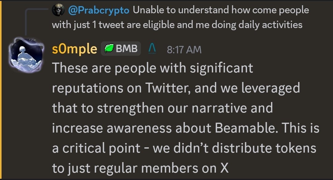 Prab_crypto's tweet photo. Kek, so monad has started a new trend, the users who are actively participating in daily activities and tasks are no longer eligible for airdrop, but some random person who have influence and in no way connected or know about the project are eligible for the airdrop.

@monad did it and now @BeamableNetwork did the same with their $BMB airdrop.

Is this the space you want to create ? you really want people stop testing your product and just do other random stuff and at then end they will be eligible, this is what community is for you ?
 
Just look at the response from @BeamableNetwork team how arrogant, and no one will talk about them as they have already closed the big mouths buy bribing them.

#Monad #BMB #Airdrop