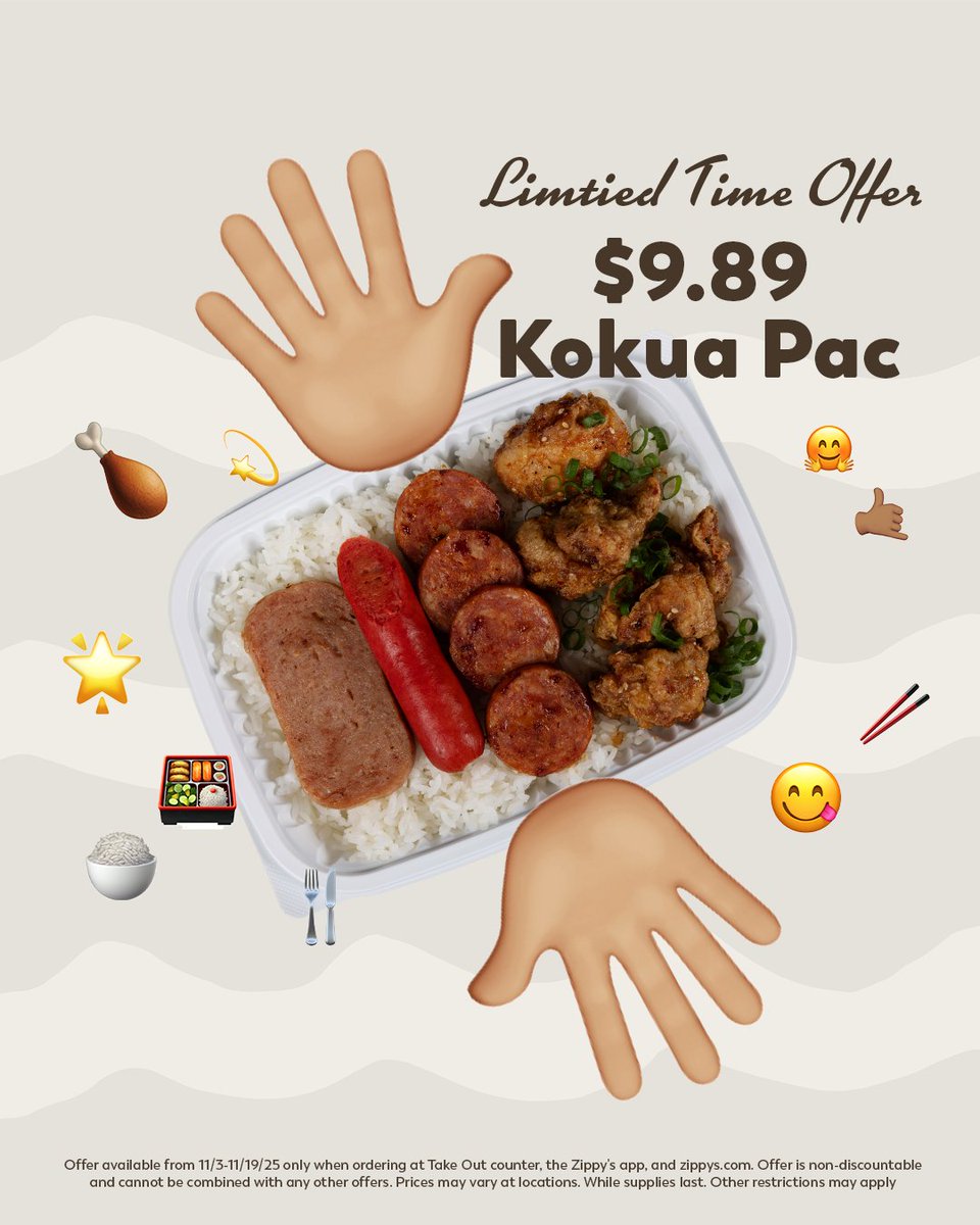 Zippys's tweet image. The Kokua Pac is so back ✨ For a limited time, get the Kokua Pac for $9.89 at takeout. 

Offer available only when ordering at Take Out counter, the Zippy's app, and zippys.com. Prices may vary at locations. Not discoutnable. Limit 5 plates.