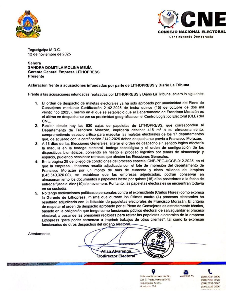 Frente a las acusaciones infundadas realizadas por la empresa Lithopress y Diario La Tribuna, aclaro lo siguiente: