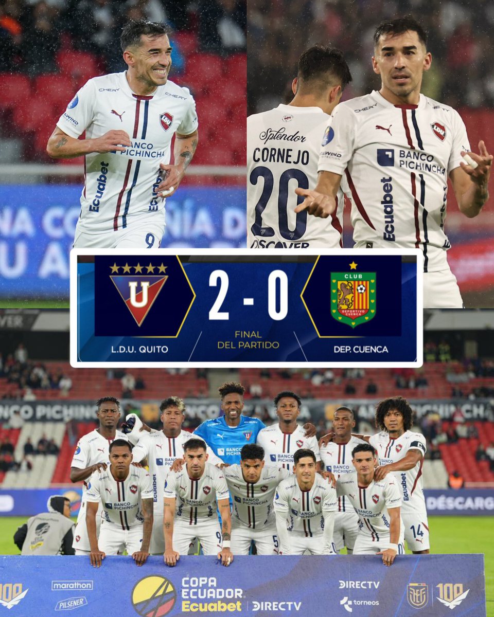 ¡CLASIFICÓ EL FAVORITO! ⚪️

#LigaDeQuito derrotó al #DeportivoCuenca en el 🏟 Rodrigo Paz. Su rival en semifinales (ida y vuelta) será Emelec, fechas por definir.

45'+1 ⚽️ L. Alzugaray (P)
68' ⚽️ L. Quiñónez (P)
●
81' 🟥 E. Raggio

#CopaEcuador