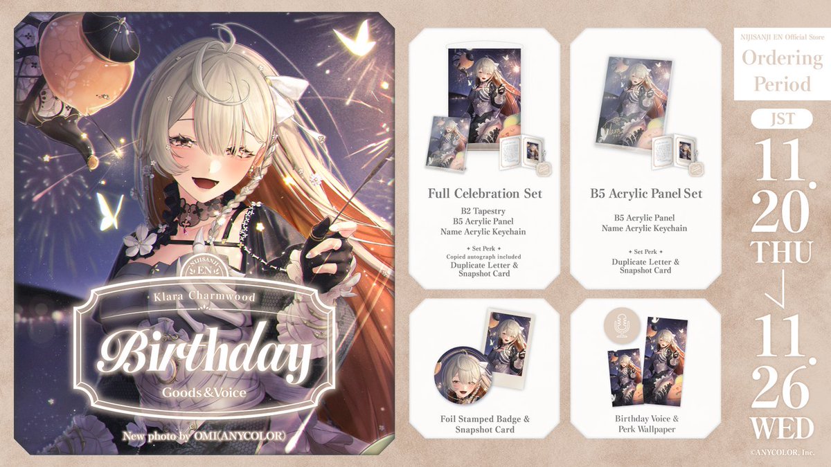 【🎂Klara Charmwood Birthday Goods &amp; Voice 2025】

💐🫖 Celebrate <a href="/KlaraCharmwood/">Klara Charmwood 💐🫖 NIJISANJI EN</a>'s birthday with Birthday Goods &amp; Voice on the #NIJISANJI_EN Official Store!

⏰Sales start
 November 19 (Wed) 19:00 PST

🔻Store
nijisanji-store.com/collections/kl…