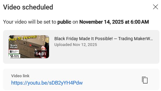 Black Friday Came Early!

See how everything came together perfectly with Makerworld and Bambu Store in the new video scheduled for 6am Friday!

Gotta practice getting up early on Friday's anyways, right?

youtu.be/sDB2yYH4Pdw