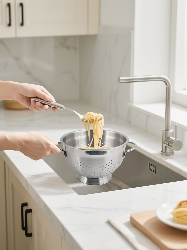 -Strain in Style!-

Upgrade your kitchen essentials with the elegant stainless steel colander. Designed for efficiency and built to last, it’s perfect for draining pasta, washing veggies, and more. Experience the difference of quality craftsmanship!