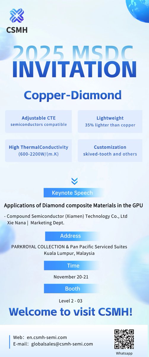 CSMH12's tweet photo. Don’t Miss MSDC 2025 (Nov 20-21) – Connect with CSMH at Booth 03!As a  leading innovator in diamond solutions, CSMH is excited to showcase our ultimate thermal management solutions: copper diamond.  We can’t wait to collaborate! https://t.co/ys2orr9D11