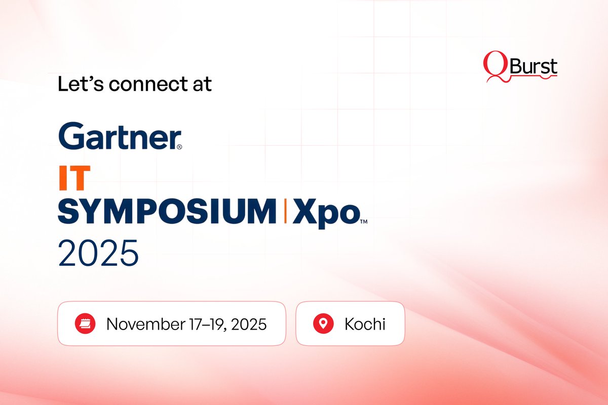 QBurst's tweet image. We will be at Gartner IT Symposium/Xpo 2025 from November 17 to 19 at the Grand Hyatt, Kochi. The three-day event will bring together CIOs and senior IT executives across security, data and analytics, applications, and IT infrastructure and operations. Meet us there!