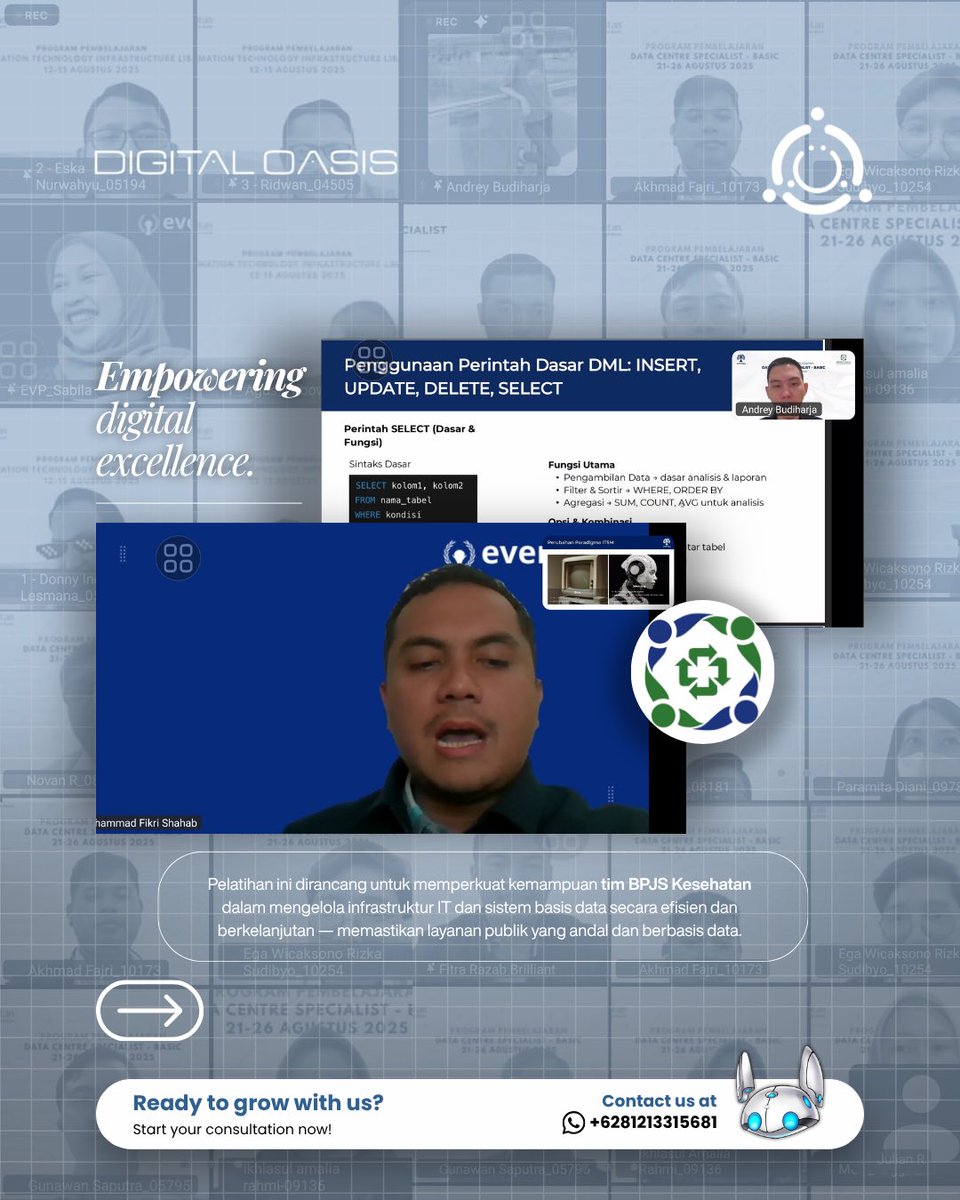 DigitalOasisID's tweet photo. 📸 Dokumentasi Pelatihan BPJS Kesehatan 2025
Digital Oasis memfasilitasi pelatihan untuk peningkatan kompetensi tim BPJS melalui pengelolaan IT &amp; database yang lebih andal.

#PelatihanIT #SoftwareEngineer #AIEngineer #Database https://t.co/tVcwBdoDYp