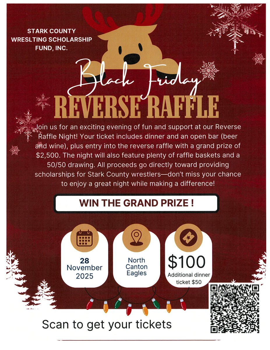 🎟️ Reverse Raffle Night! 🎉

Join us for an exciting evening of fun, food, and support for Stark County wrestlers!

📍 Location: 6979 Sunset Strip Ave NW, North Canton
🕕 Schedule:
• 6:00 PM – Doors Open
• 6:30 PM – Dinner
• 7:30 PM – Reverse Raffle
• 10:00 PM – Last Call
💵