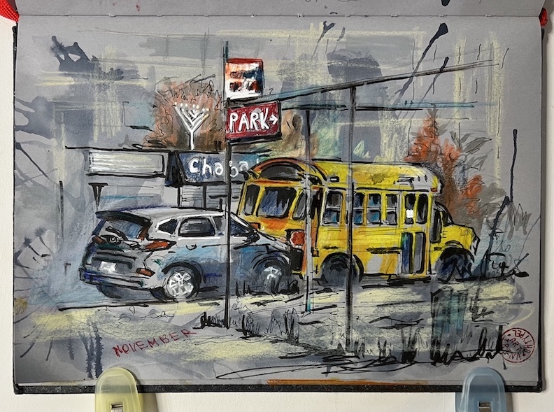 nikiraa's tweet image. About parking, with a handful of old colored pencils. #street #sketchbook #ink #mixedmedia #Brooklyn #Urbansketcher #artistontwitter