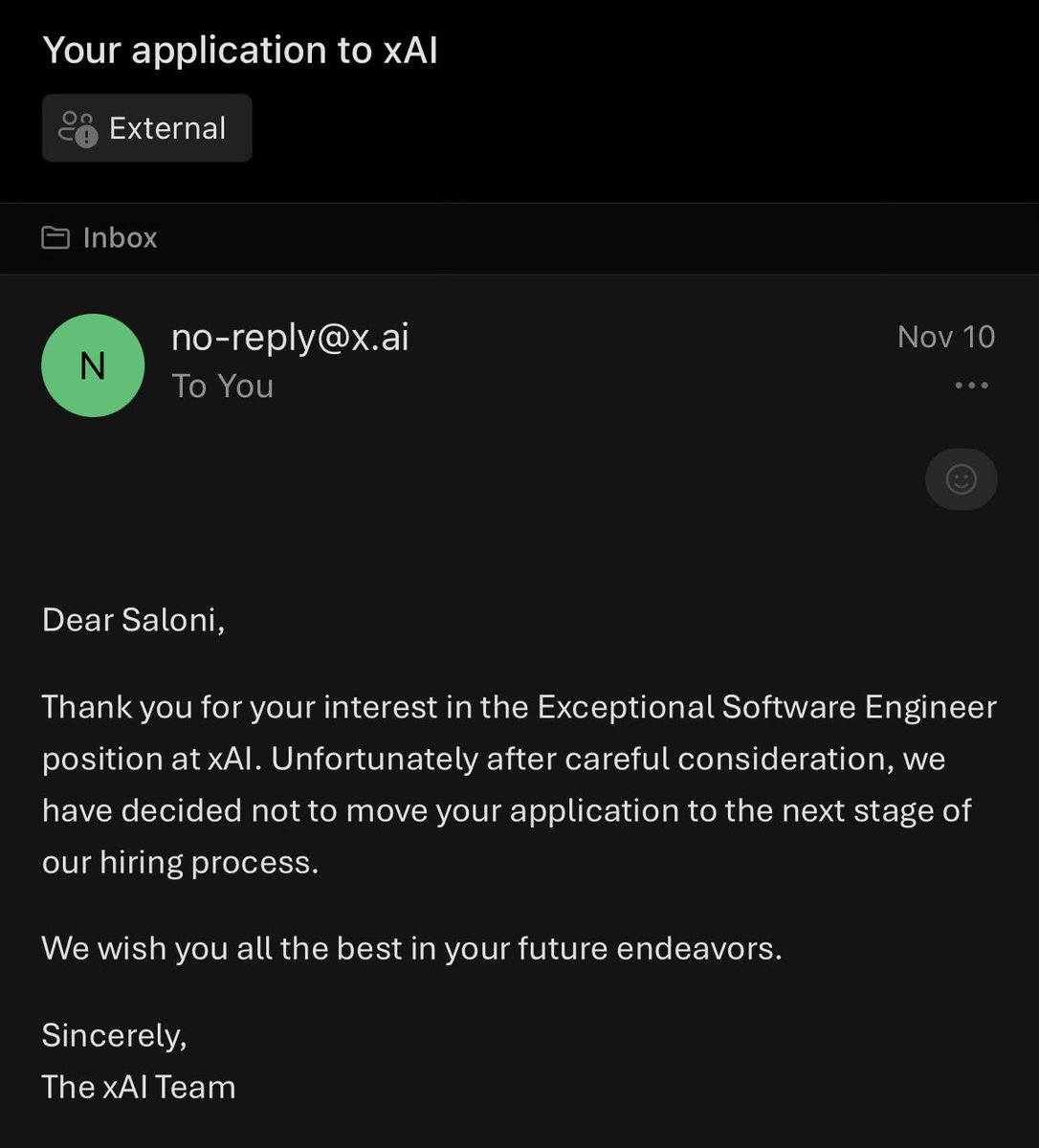 salowni_07's tweet photo. @elonmusk @xai I applied, guess I’m not Exceptional enough https://t.co/7sJiksZCu8