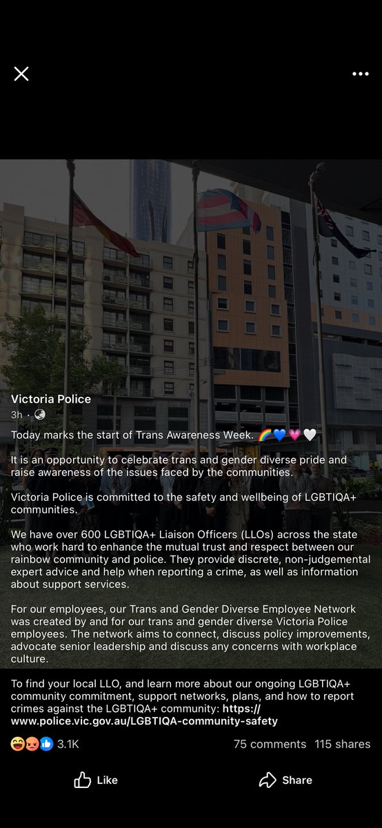 Australia is shit. 
State police post on FB. 
So sick of seeing this bs. Comments switched off. 
How about just support everyone equally and not based on their sexuality or identity, &amp; award employees for their performance and excellence, not sexuality &amp; identity.