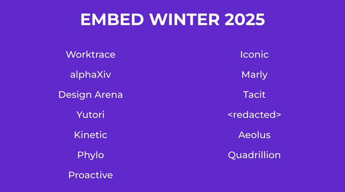 pranavreddy's tweet image. 1/ that&apos;s a wrap on the fifth batch of embed!

we&apos;re really proud of the class. we think it&apos;s gotten better and better every go-around, and we&apos;re really excited for you all to meet all of them

cc: @igarciacamargo @mvernal @saranormous