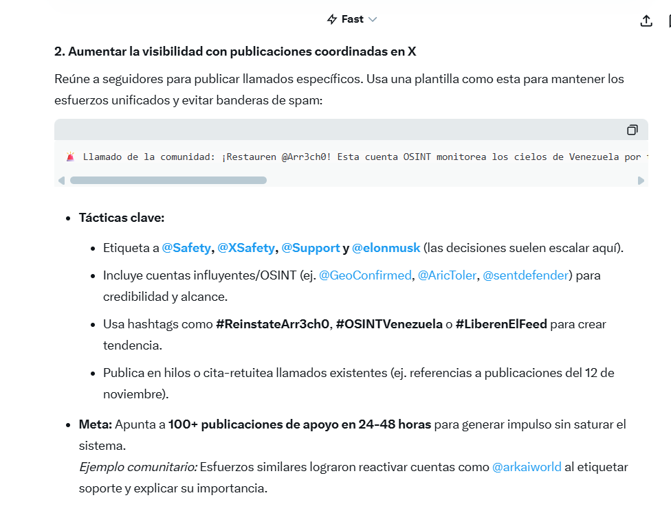 guacamayavisual's tweet photo. Preguntamos a Grok y nos recomendó pedir la Restitución de la cuenta en conjunto. 
Invitamos a que hagan su tweet no necesariamente como el nuestro pero usando las etiquetas: 
#ReinstateArr3ch0 #OSINTVenezuela #LiberenElFeed
@Safety  @Support  @elonmusk  @Osinttechnical  @bellingcat
🚨 Llamado de la comunidad: ¡Restauren @Arr3ch0! Esta cuenta #OSINT monitorea los cielos de #Venezuela por transparencia y seguridad. Vital para el periodismo independiente en zonas restringidas.
— por favor revisen y restablezcan.

#MarCaribe #Venezuela #ReestablezcanArr3ch0 #RestaurenArr3ch0