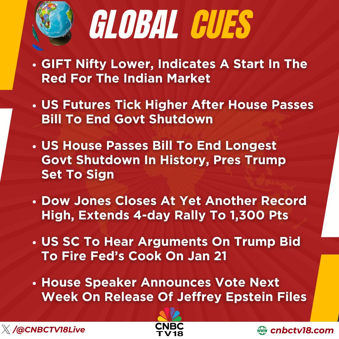 KTechtrader's tweet image. #MarketCues | Here&apos;s how the global market cues are placed this morning after US House passes bill to end longest govt shutdown in history🚨👇