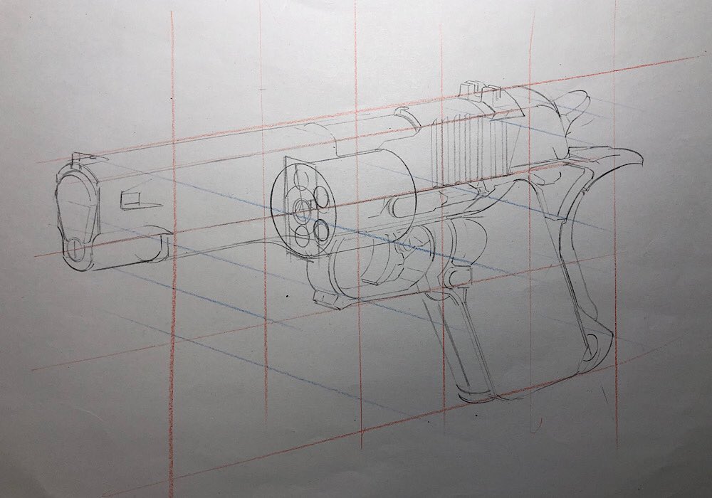 ①以前描いたラフパースに
②トレス台に紙を乗せて
③4角のイメージで
描きます
光線銃系なので割と自由に 