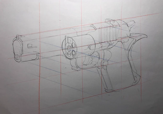 ①以前描いたラフパースに
②トレス台に紙を乗せて
③4角のイメージで
描きます
光線銃系なので割と自由に 