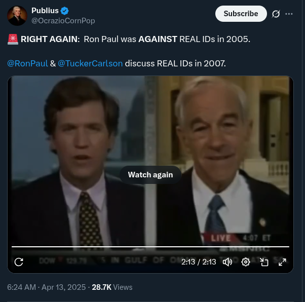 1776againAL's tweet image. What would @TuckerCarlson and Dr @RonPaul say about #RealID now? Perhaps we need another tutorial on what it means to be free.  "There's no reason to sacrifice liberty"
x.com/OcrazioCornPop…