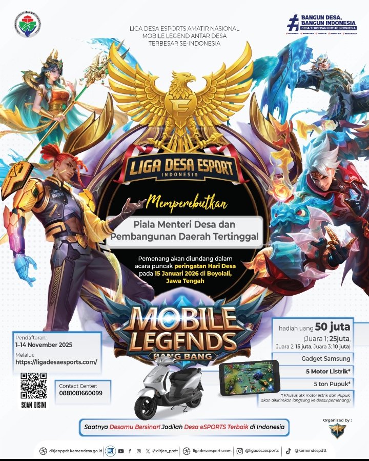 🔥 *Saatnya Buktiin Skill-mu di Liga Desa Esport 2026!* 🎮
Jangan cuma jadi penonton - gabung dan tunjukin kemampuan terbaikmu di ajang paling seru antar desa se-Indonesia

#LigaDesaEsports2026 
#LigaDesaEsports 
#tournamentmobilelegends