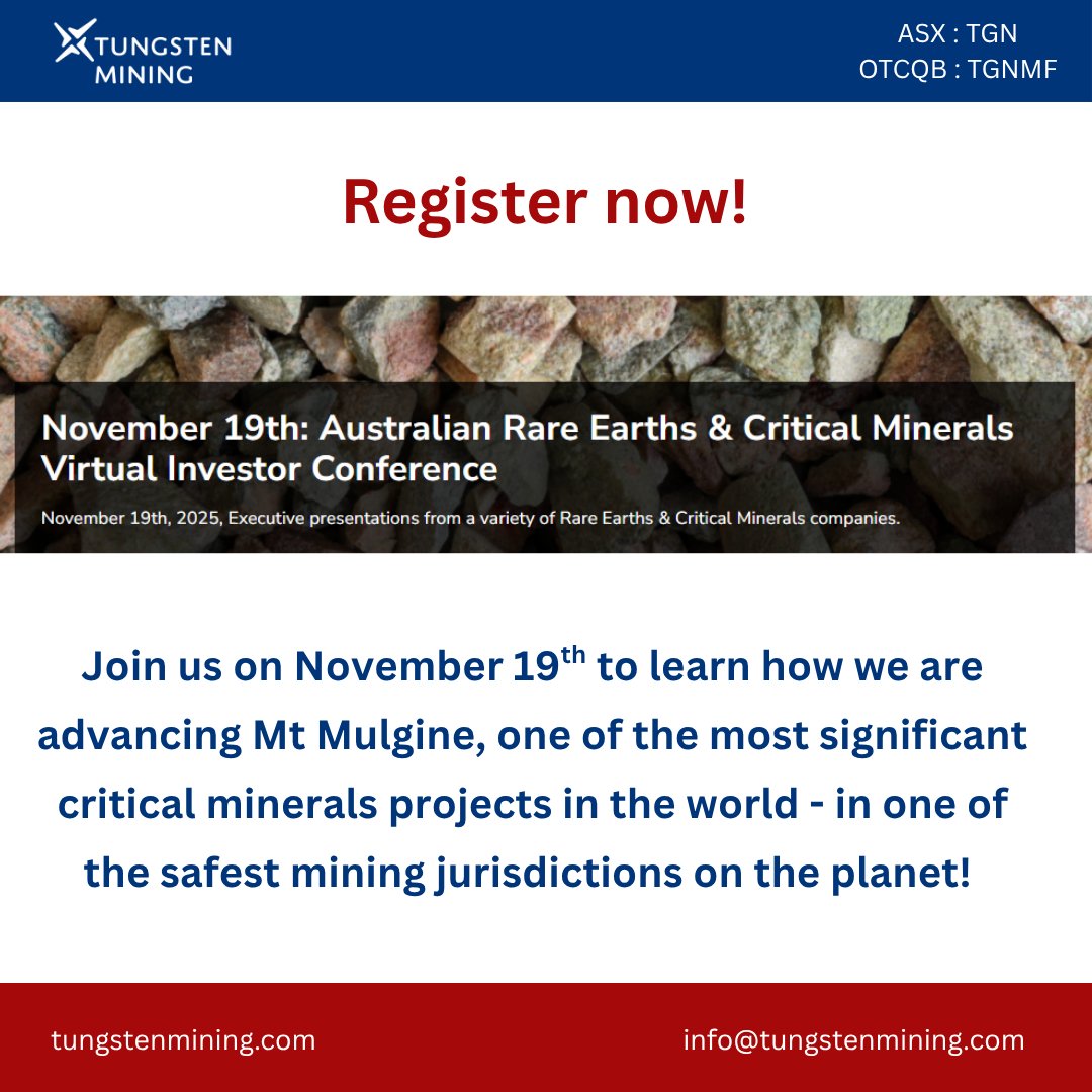 Join us on November 19th to learn how <a href="/TungstenMinTGN/">Tungsten Mining NL (ASX:TGN)</a> is advancing Mt Mulgine, one of the most significant critical minerals projects in the world - in one of the safest mining jurisdictions on the planet! virtualinvestorconferences.com/wcc/eh/4814904… #tungsten #molybdenum #mining #CriticalMinerals