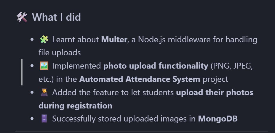 adarsh_4957's tweet image. 📅 Day 27 (Nov 12, 2025) | #LearnWithMe – File Uploads with Multer 📸⚙️
@piyushgarg_dev  Sir  Watched your video on Multer It was really informative
#Multer #NodeJS #Express #MongoDB #WebDev #FullStack #100DaysOfCode #LearnWithMe
