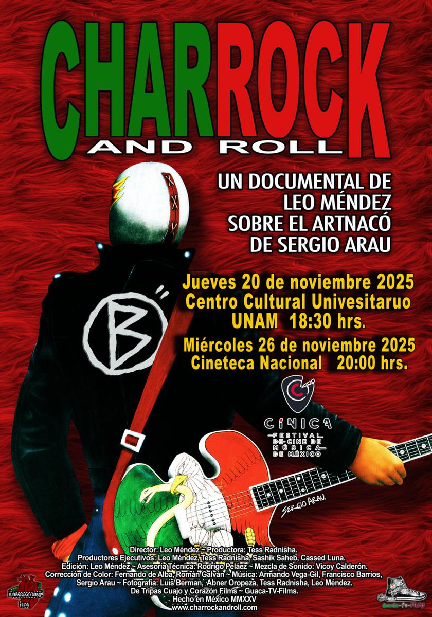 Los invito a estas 2 funciones de estreno del Documental “Charrock and Roll” Dirigido por Leo Méndez

20 de noviembre 2025.
En CCU en la UNAM. 6 pm.

26 de noviembre 2025.
En Cineteca Nacional. 8 pm.

#ChaRockAndRoll #Documental #TiempoDeCine #SergioArau #LeoMéndez  #Comparte