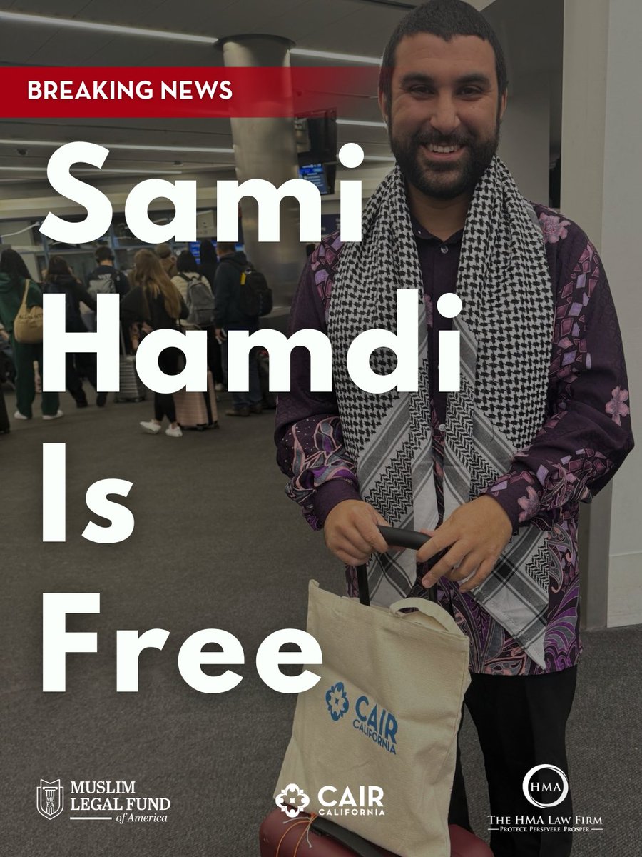 BREAKING: British journalist Sami Hamdi is free and on his way home.  After 2+ weeks in ICE detention for speaking out for Palestine, he leaves the U.S. voluntarily—not deported, not charged, not silenced.  

This victory belongs to all who organized it.  

Special thanks to our