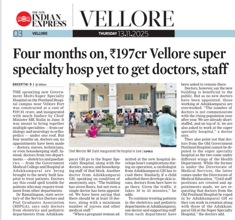 Tvmalaiupdates's tweet image. Medical infra:

Recently @mkstalin ingurated #Vellore Multisuper #speciality #Hospital cost of ₹197.81 Cr,

Which is run with Lack of #Doctors,#Nurses, #Technicians,officers appointments

@Subramanian_ma kindly intervene and fill all vaccines to Vellore Super speciality hospital
