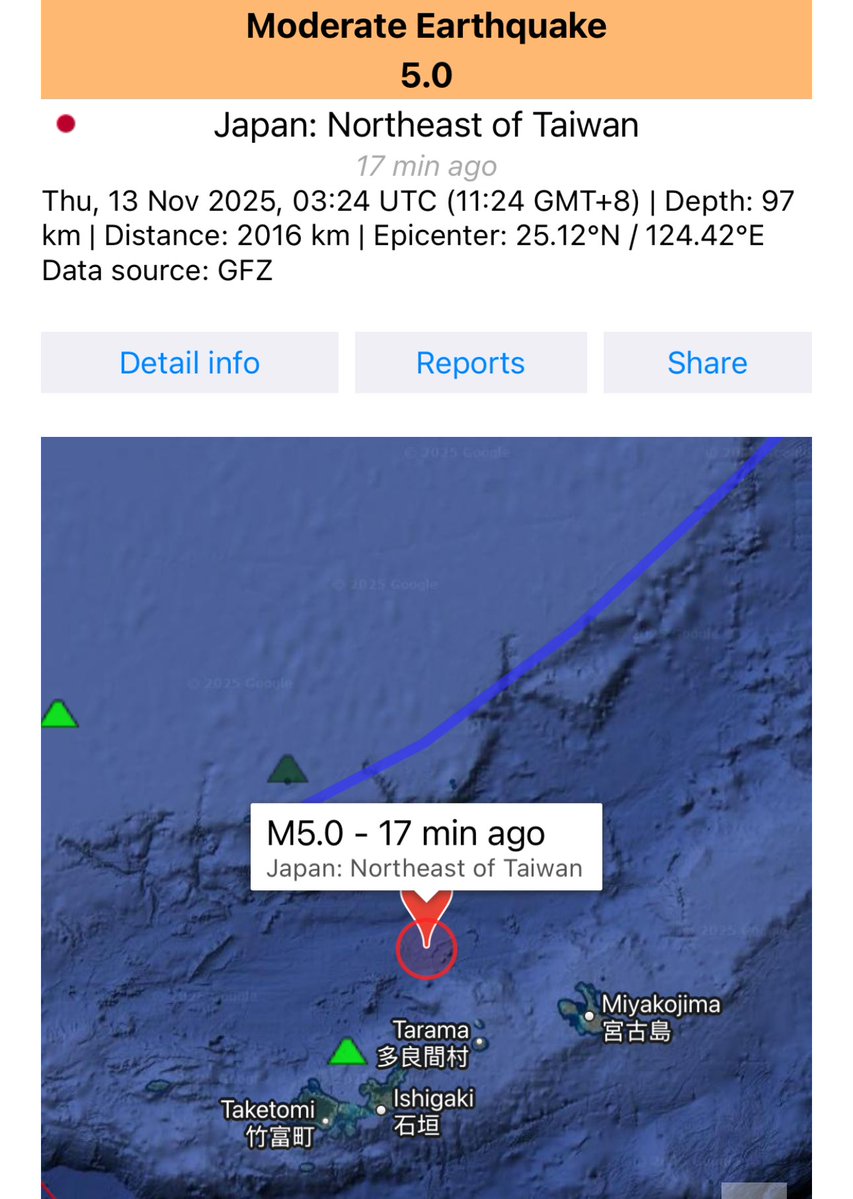 AstroFluxLab's tweet image. URGENT: M5.0 #Earthquake strikes NE of #Taiwan (Japan region)!

A significant M5.0 tremor just occurred at 97 km depth in the active #Ryukyu subduction zone. This indicates escalating tectonic stress along a critical Pacific Rim fault line.