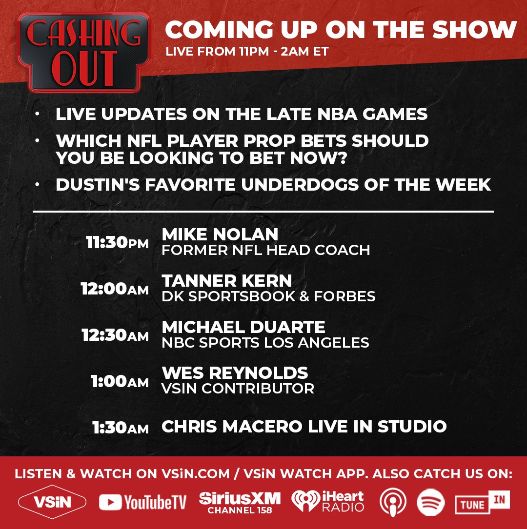 Cashing Out with @DustinSwedelson comes your way at 11pm ET.

Early look at NFL player props, Underdogs, &amp; so much more.

Guests: Mike Nolan <a href="/tannerkern_/">TANNER KERN</a> <a href="/michaeljduarte/">Michael J. Duarte</a> <a href="/WesReynolds1/">Wes Reynolds</a> <a href="/RealGadge/">Chris Macero 🇺🇸</a>

Listen Live: vsin.com/listen-live/
