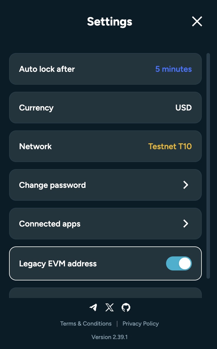 🔍 How to check if you’re using a Legacy EVM address

1.  Open the Kastle Extension

2. Click the gear icon on the dashboard to open Settings

3. Scroll down and look for “Legacy EVM Address”

If it’s OFF, you don’t need to do anything

If it’s ON, follow the steps below 👇

🔄