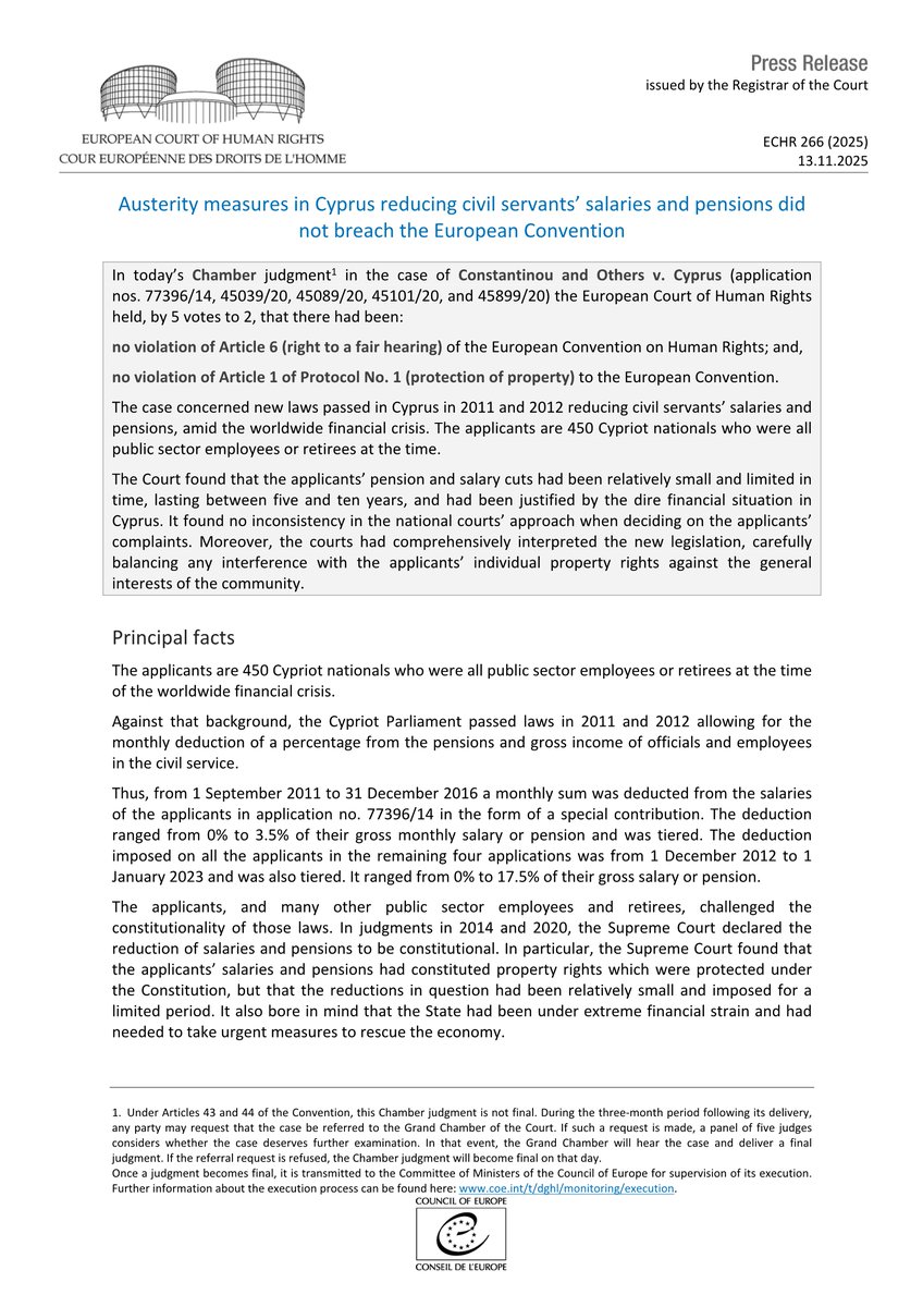 Judgment Constantinou and Others v. Cyprus - austerity measures reducing civil servants' salaries and pensions
hudoc.echr.coe.int/app/conversion…
#ECHR #CEDH #ECHRpress