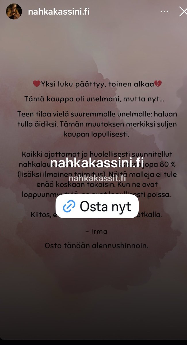 Varokaa näitä huijaussivustoja. Osoite Fredrikinkatu 42, Hki ja puhelinnumerokin uskottava 09-1234567. Tekoälyllä tehdyt kuvat ja nyyhkytarina äidiksi haluamisesta. Hienoja nahkalaukkuja -80%. Näitä sivustoja piisaa, löytyy myös ihka aidot Facebook- sivut. #huijaritkuriin