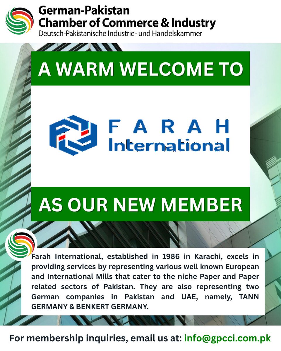 GPCCI_PK's tweet image. We’re delighted to welcome Farah International as the newest member of GPCCI! 🇵🇰🤝🇩🇪

Here’s to new partnerships and shared success!

#NewMember #WelcomeAboard