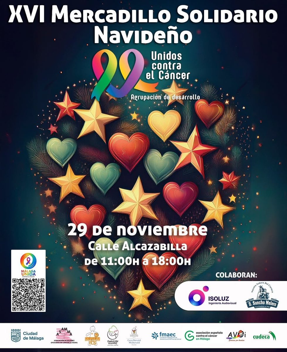 🎄¡Vuelve la magia de la Navidad Solidaria!✨
El 29 de noviembre Agrupación Unidos contra el Cáncer celebra su XVI Mercadillo Solidario con talleres, regalos y mucha ilusión 🧡
Todo a favor de pacientes oncológicos y sus familias 
📍C/ Alcazabilla ⏰ 11h-18h
#Málaga #JuntosSumos