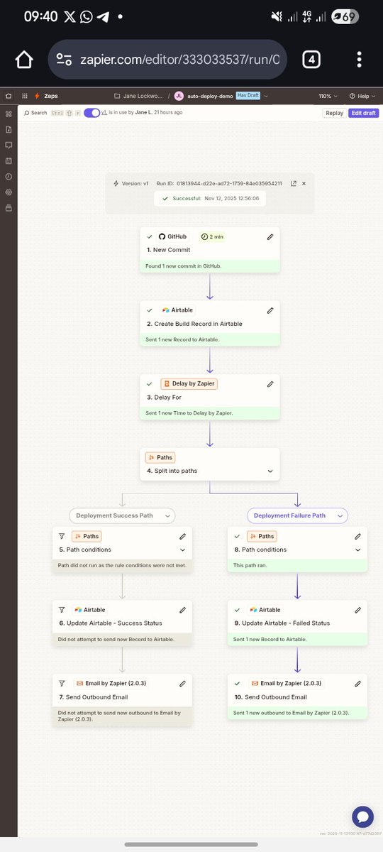 Austine_SGD's tweet image. I created this Auto Deploy Assistant for Developers. It is a no-code intelligent system built with GitHub, Airtable and Zapier. It tracks deploys, detects failures and alerts the developer all in real time without any manual effort.