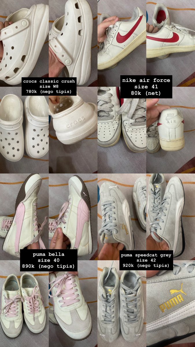 BibelRainaa's tweet photo. WTS
PRELOVED SEPATU
masi bisa nego
dom surabaya
bisa cod, gosend, jne, jnt, shopee
-crocs classic crush size W8
-puma speedcat grey size 42
-puma bella size 40
-nike air force size 41

#zonauang #zonajajan #wts #WTB #preloved #sepatu #crocs #speedcat #puma https://t.co/oiNvudJN7r