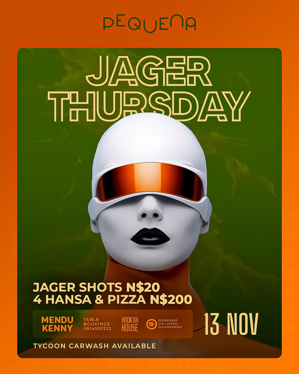 🔥 JAGER THURSDAY 🔥
We’re turning up the night with N$20 Jager shots and the 4 Hansa + Pizza combo for only N$200! 🍕🍻
Pull up this 13 NOV at Pequena Hookah House — the vibes are unmatched, and the beats by Mendu &amp; Kenny will keep you lit all night! 🎧💥
#JagerThursday #Pequena