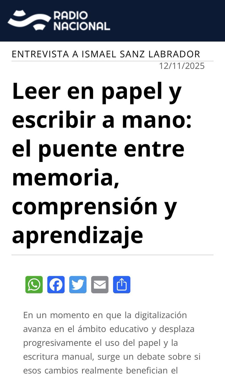 sanz_ismael's tweet photo. Escribir a mano y leer en formato físico activa redes cerebrales más complejas y favorece un aprendizaje más profundo y duradero.  Mi intervención en Radio Nacional de Argentina ✍️ Escribir a mano permite pausar, pensar y fijar ideas con más intensidad.
Combinar lo digital y lo analógico según el objetivo. Equilibrar ambos es clave para aprender mejor https://t.co/KsaV7Gu23F https://t.co/Uab1f0agDC