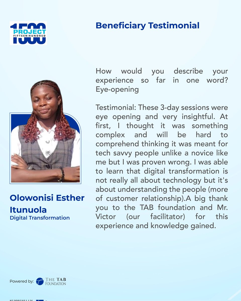 TheTABFdn's tweet image. #Project1500 #SpotlightSeries🌟
Our 3-day coursework laid a solid foundation. Today, we proudly spotlight three beneficiaries whose reflections embody the power of intentional learning and growth.

This is what #LearningForImpact looks like!   
#FutureOfWork #YouthDevelopment