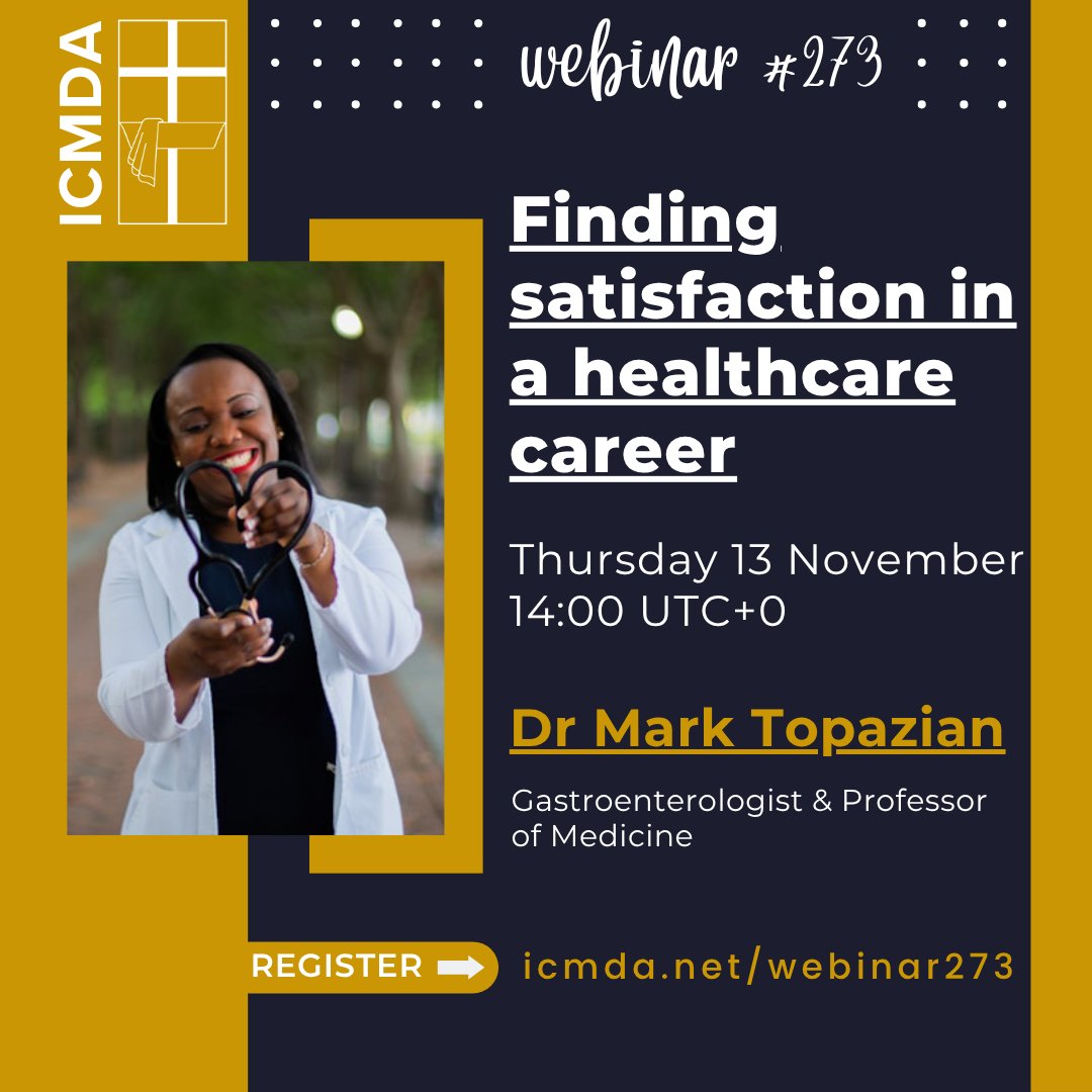 icmdanet's tweet image. What inspires you to do medicine? 
Is it enough to keep you going when circumstances change?

Join us shortly for a webinar with Dr Mark Topazian to discover how to find satisfaction through the challenges of a healthcare career.

Register at icmda.net/webinar273