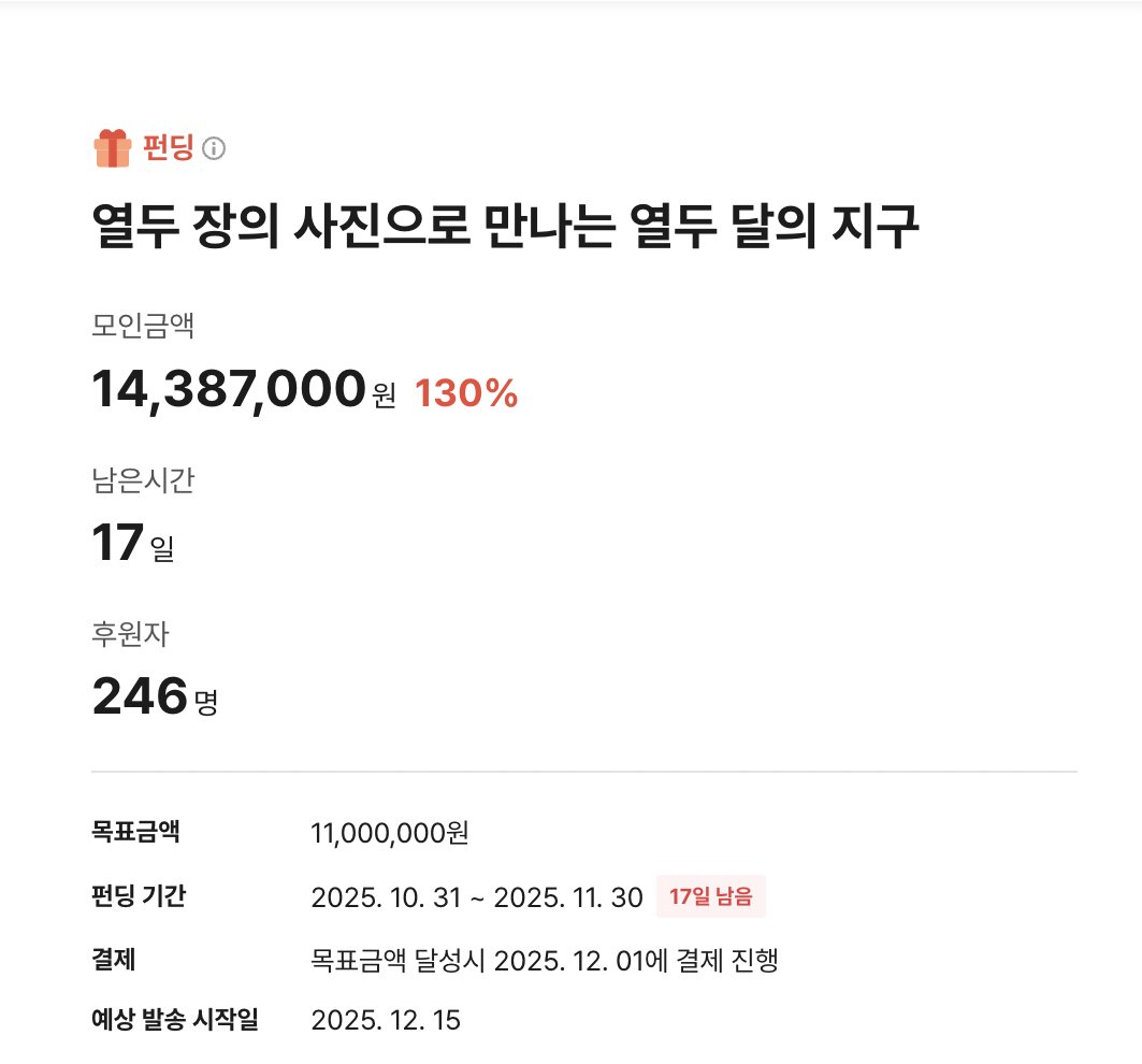 오늘로 130프로를 달성한 텀블벅 #지구조각캘린더! 200프로를 향해 열심히 달려가고 있습니다. 날짜가 아닌 사진으로, 지구 곳곳의 아름다운 순간으로 만날 수 있는 2026년. 내년의 달력으로 선물해보면 어떨까요? 아래 링크를 통해 한번 살펴주시라..!

tumblbug.com/jigujogak26