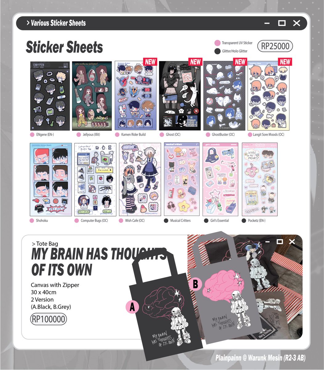 Hi! Here’s my catalogue for CF21! (1/2)

📌 Booth: Warunk Mesin R2-3 
🍏 OTS only, Mail Order Available until 19/11 (11 PM GMT+7)
🔗 mail order: form.jotform.com/aliquidtea/cf2… 

— fandom: enhypen, illit, aespa, slam dunk, hq!!, ive, newjeans, kamen rider build, originals