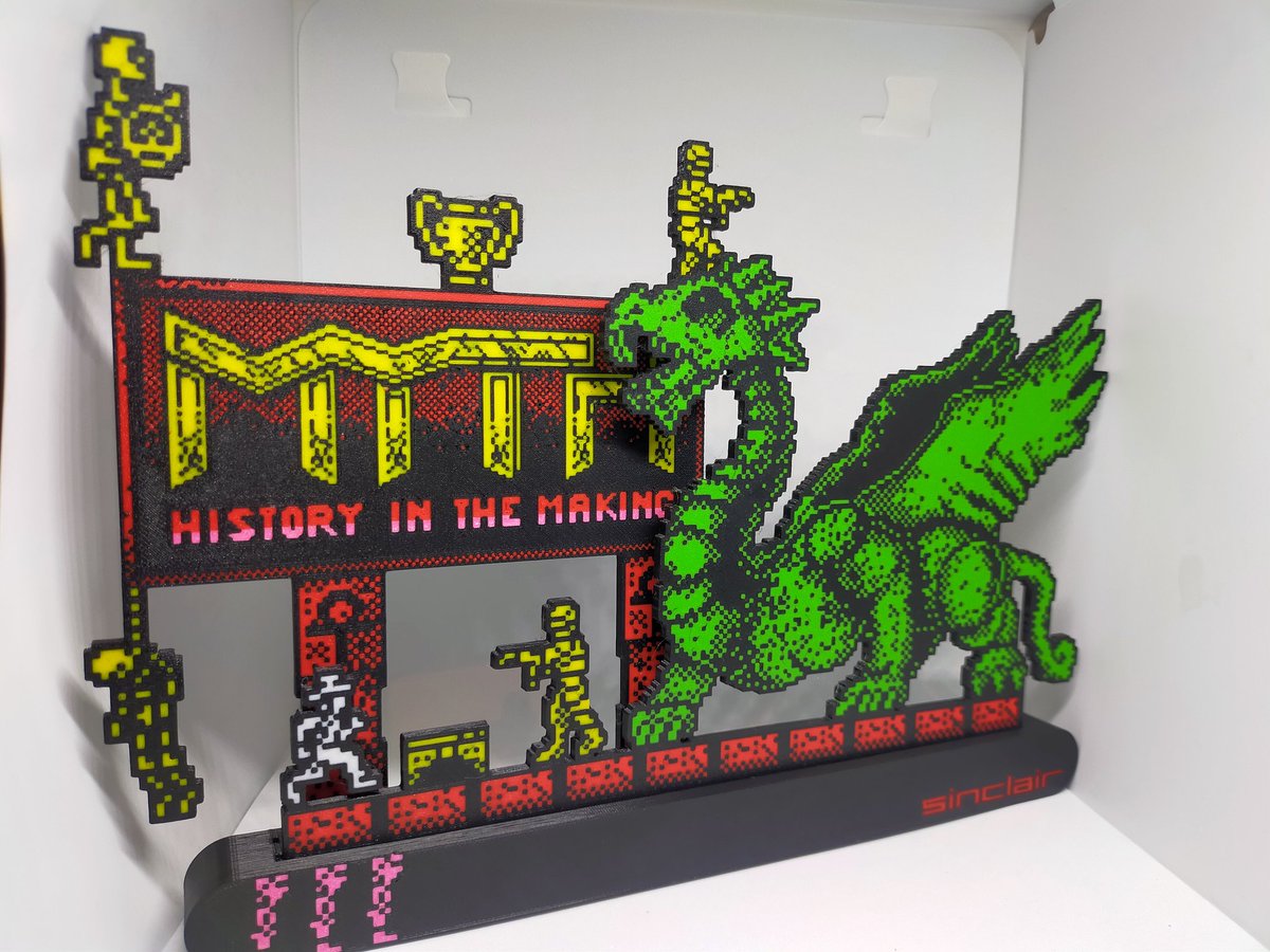 Myth: History In The Making on the #Sinclair #ZX #Spectrum various game sprites shown as a unique 3D Printed shelf display. #shareyourgames #RetroGame #8bit #prusa