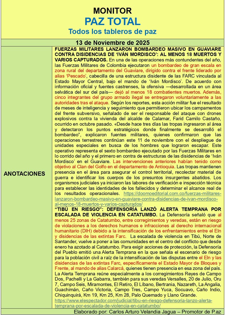 Reporte del MONITOR DE PAZ TOTAL - Día 13 de Noviembre de 2025